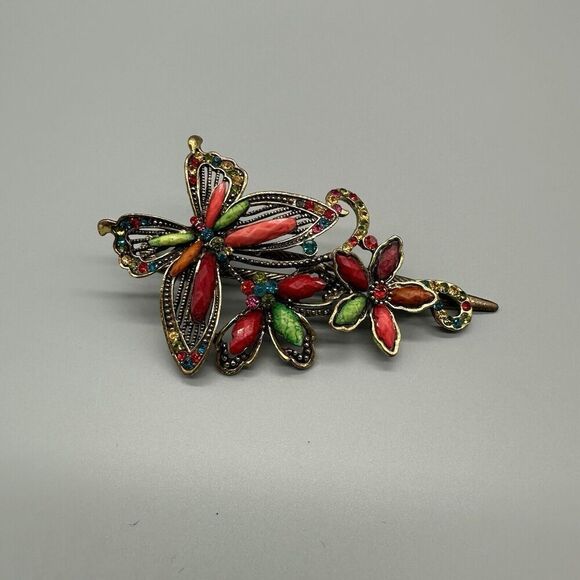 Unbranded Accessories - Vintage 1980s Hair Clip Gold Colored Metal Butterfly Colorful Rhinestones Beads